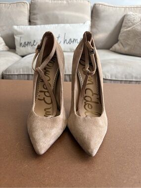 Sam Edelman Tan Suede Pointed-Toe Ankle-Strap Heels